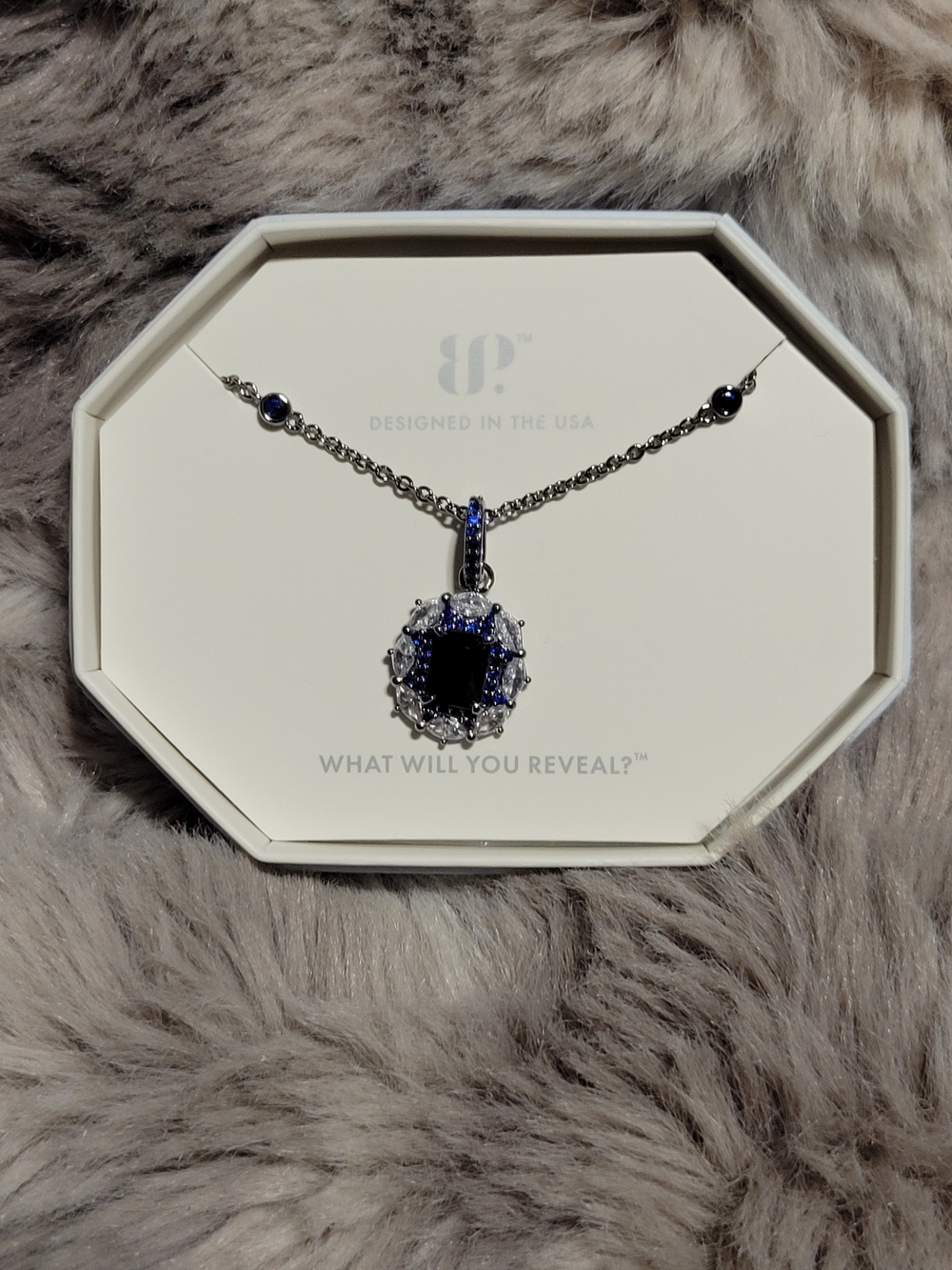 Silver-Tone Necklace with Deep Blue Halo Pendant
